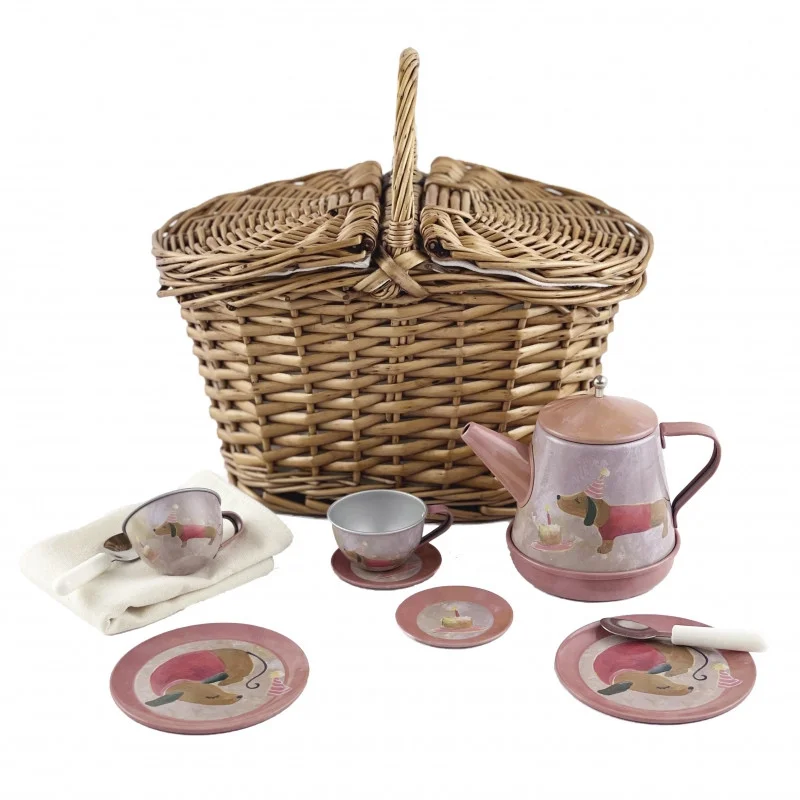 [E540058] Cesta de picnic con juego de té perritos
